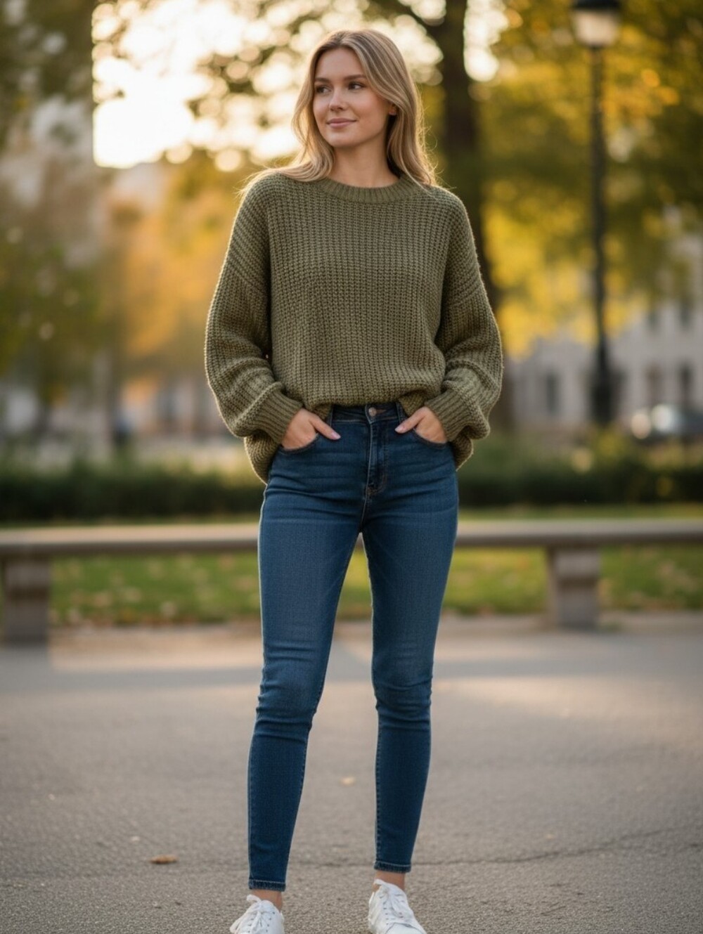 SO Olive Sweater & Dark Blue Skinny Jeans